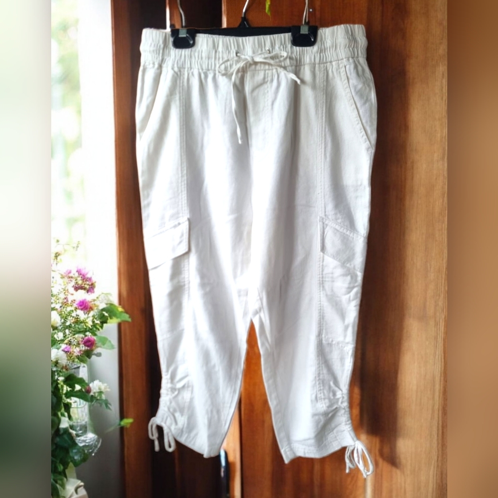 Jules & Leopold Linen Blend Drawstring Cargo White Capri Pants